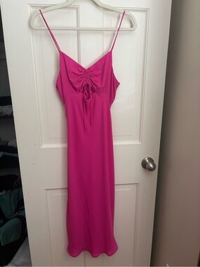 Women’s Midi Slip Dress with Front Ruched Detail - Hot Pink